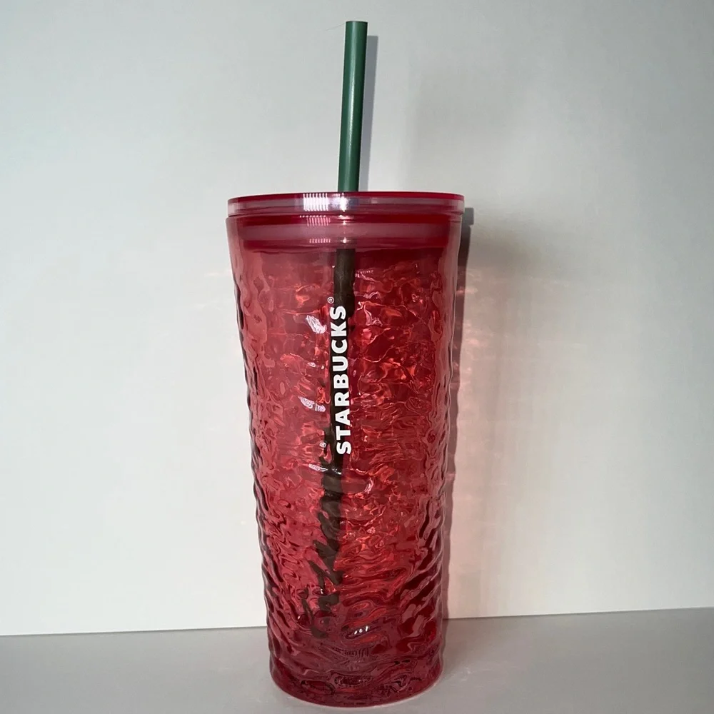 NWT Starbucks Fall 2022 Hammered Begonia Pink Glass Cold Cup Tumbler 18oz